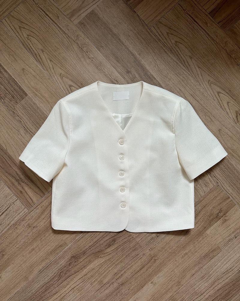 여성 여름 브이넥 숏 노카라 반팔 자켓 / 아이보리, 베이지, 네이비