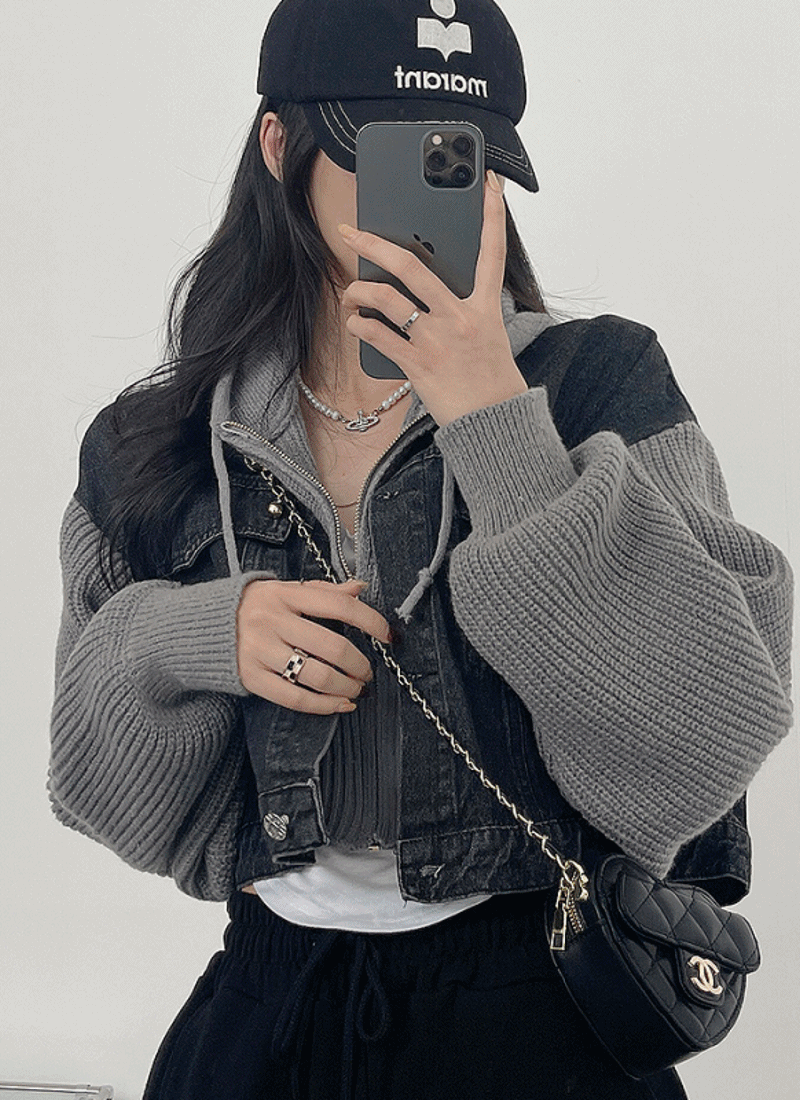 🖤모델 취저🖤 크롭 니트 배색 청자켓 2color