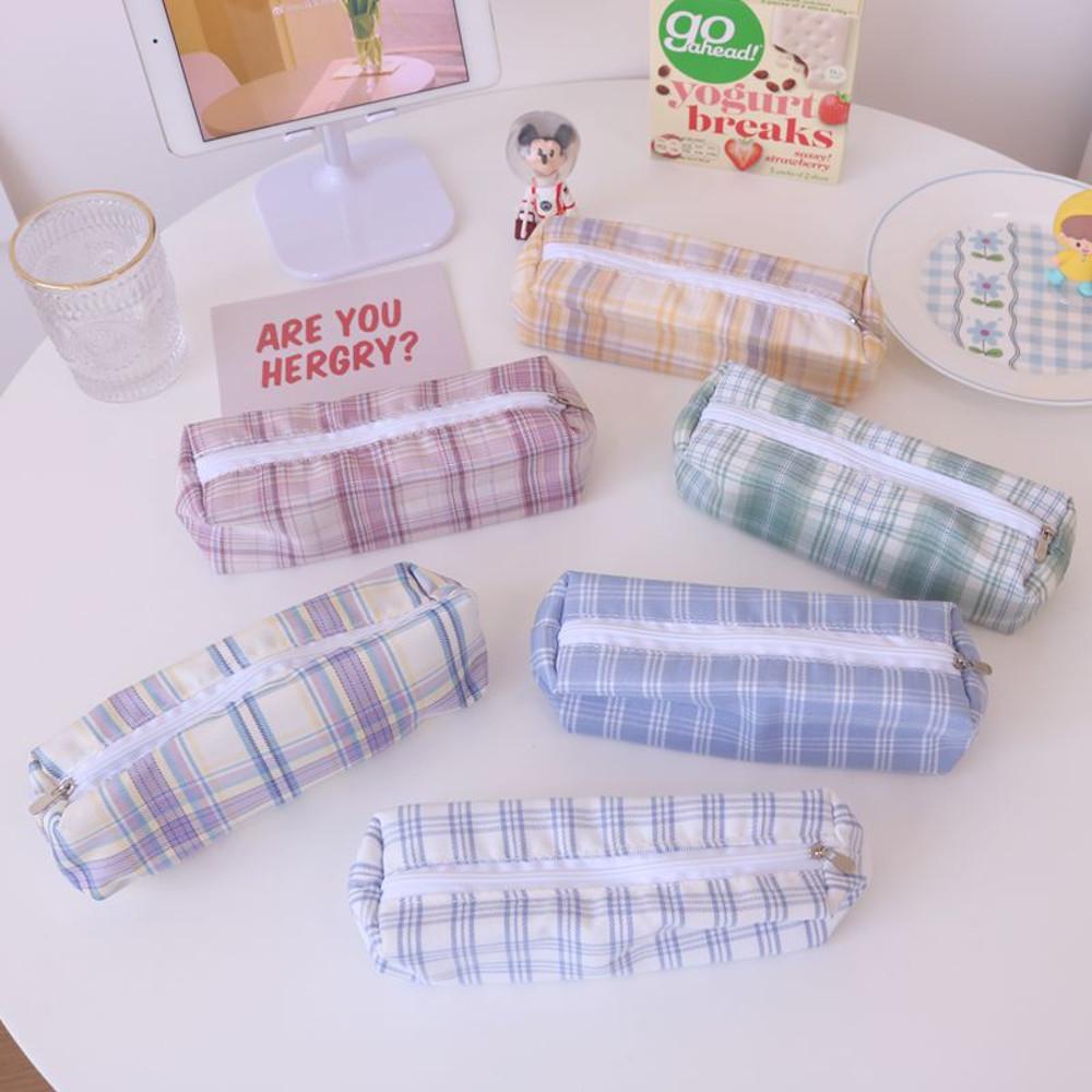 D243 러블리 체크무늬 간단심플 문구케이스 필통 수납백