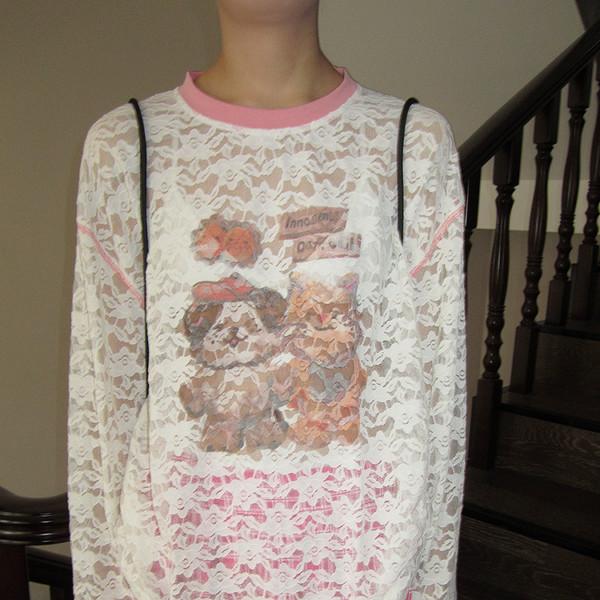 3MONTH Round Neck Letter Cartoon Loose Lace Long Sleeve T-Shirt