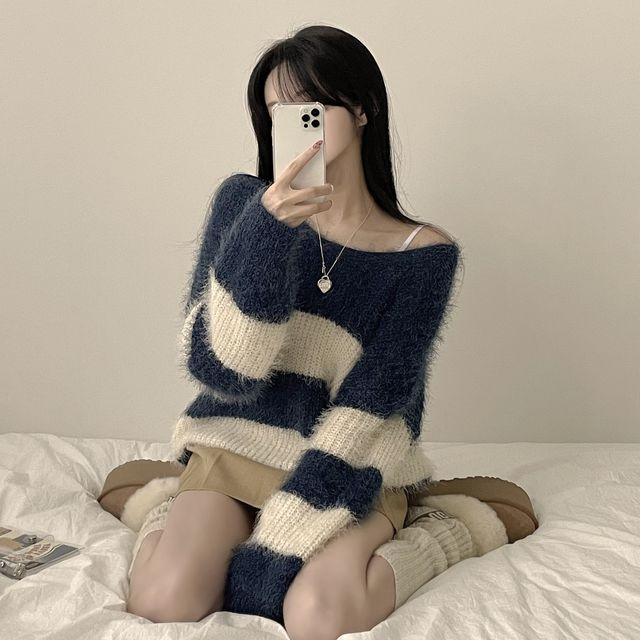 [포슬포슬~/손등덮는] 보호본능 여리핏, 앙고라 단가라 브이넥 루즈 긴팔니트 (4color)_앤드모어