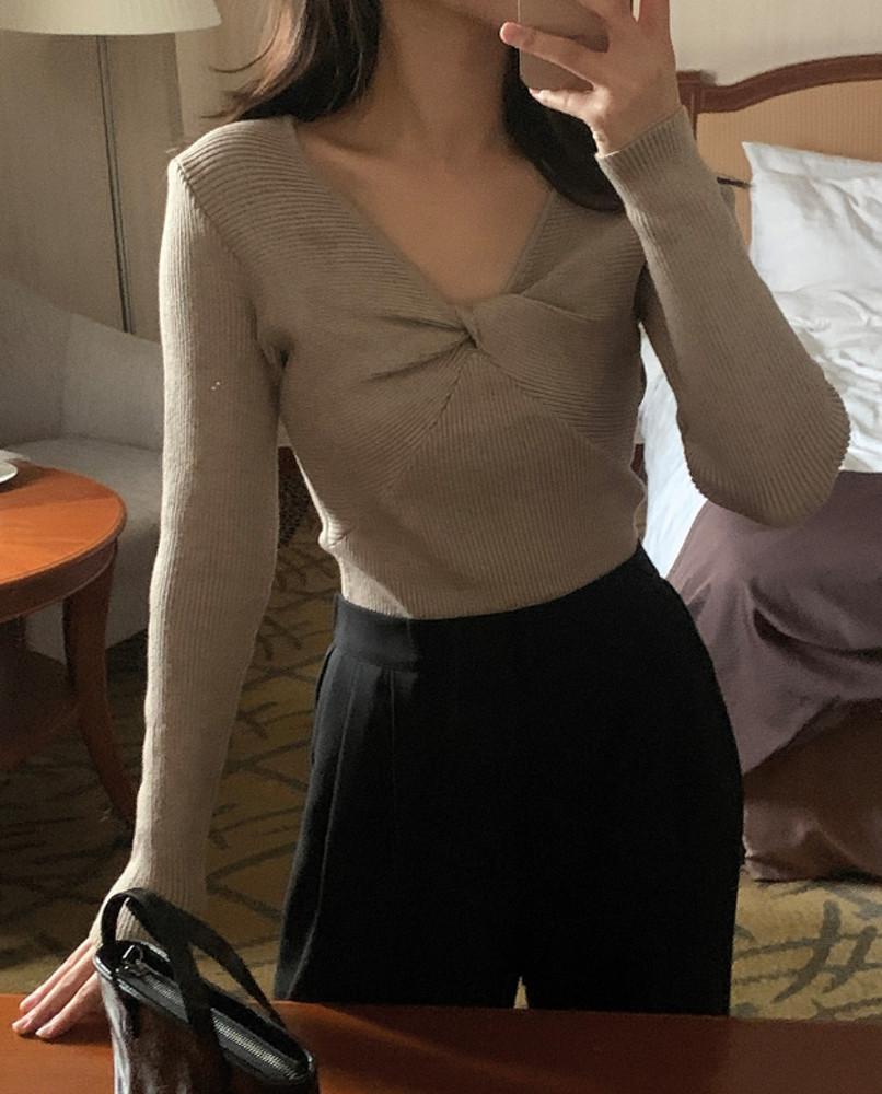 브이넥 꼬임니트 골지니트티셔츠 슬림핏 (3color)