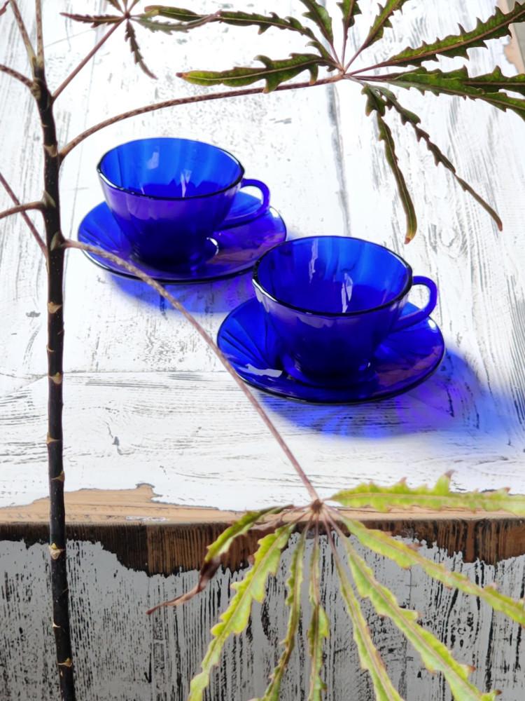 프랑스빈티지 듀라렉스 베레코 Duralex Vereco 블루 사파이어 유리잔 소서 세트