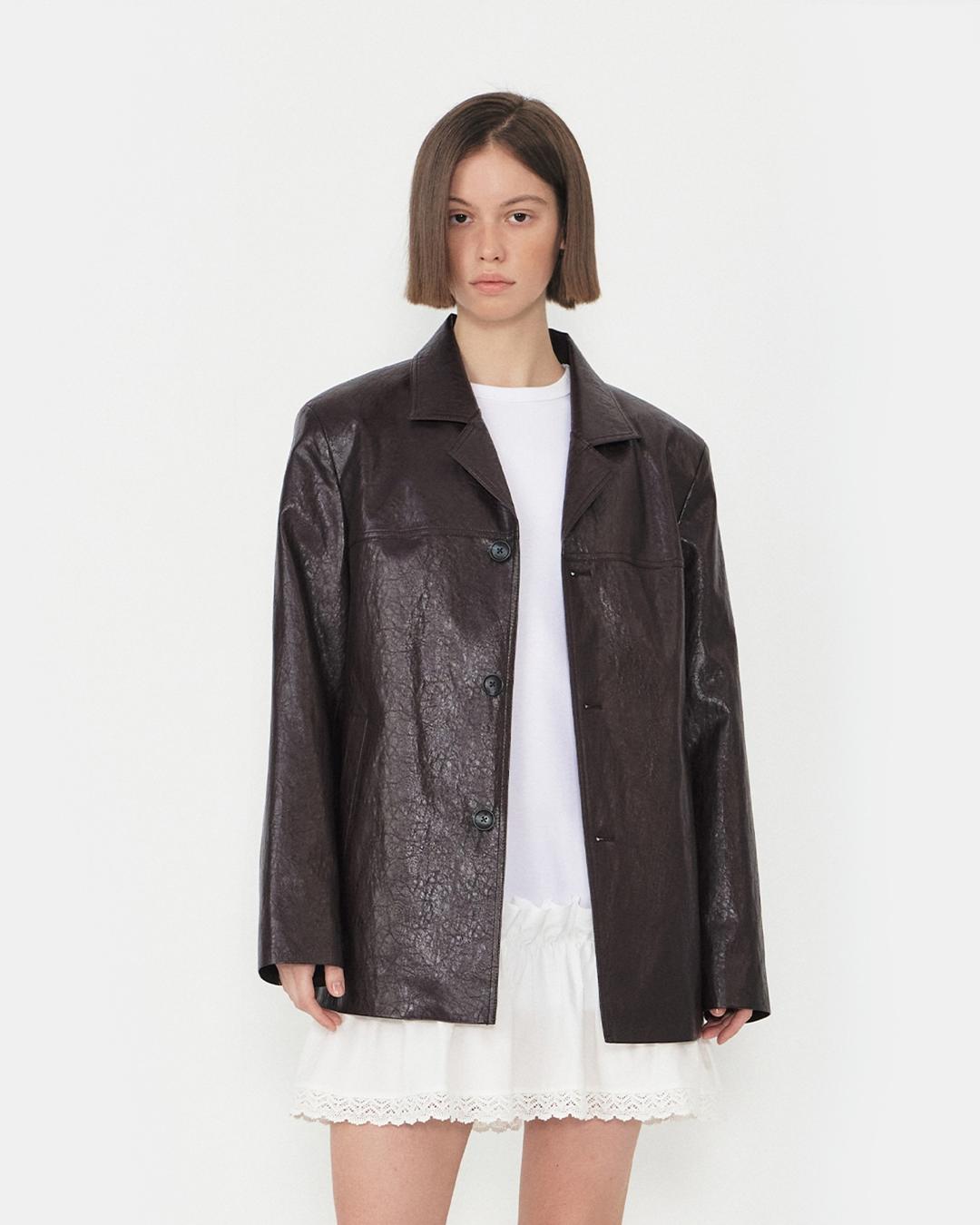 [노머] [김혜윤 착용] Metal Tab Detailed Leather Jacket Burgundy