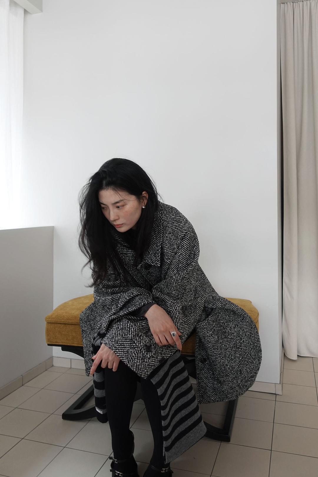 Bold herringbone midi coat