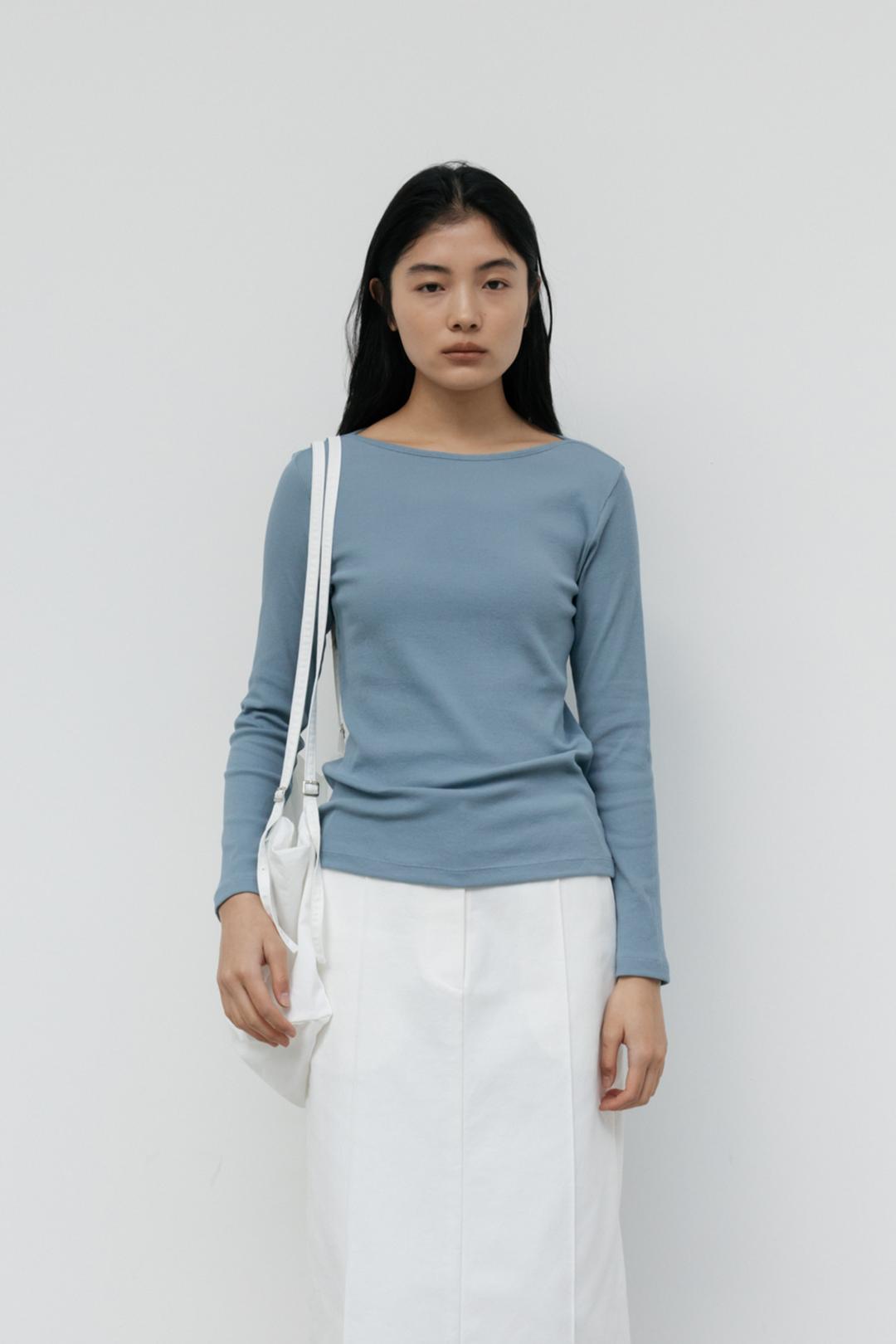 Slim Ribbed Boat Neck Top (Blue)