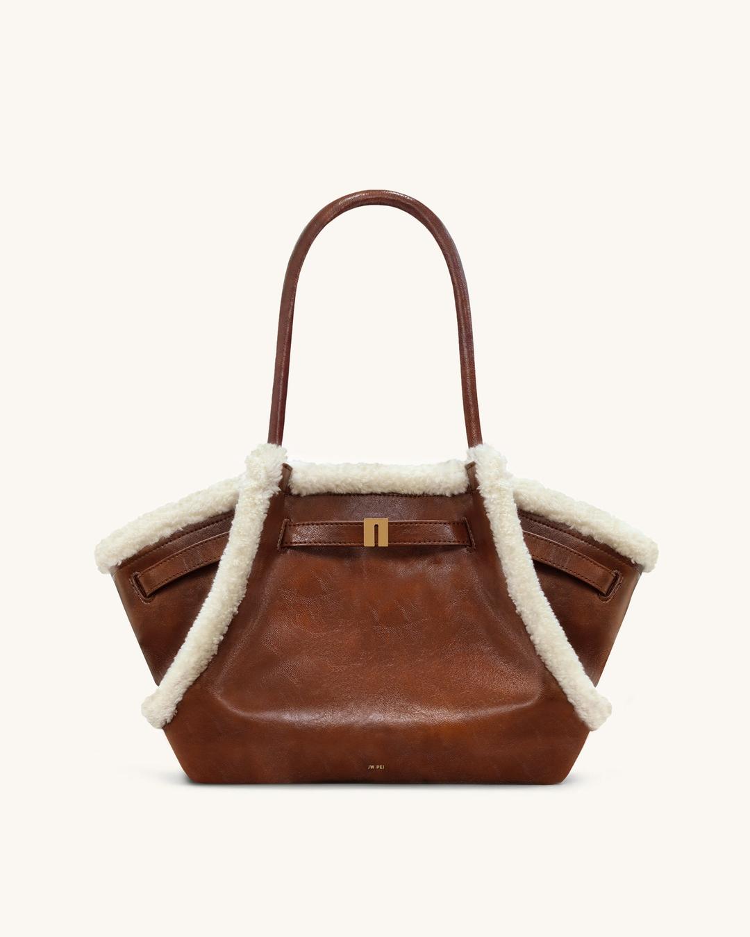 Hana Medium Faux Shearling Trim Tote Bag - Brown