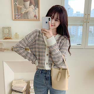 cd1492 여리여리한 루즈핏의 보카시 트위드짜임 버튼 V넥 니트가디건 cardigan