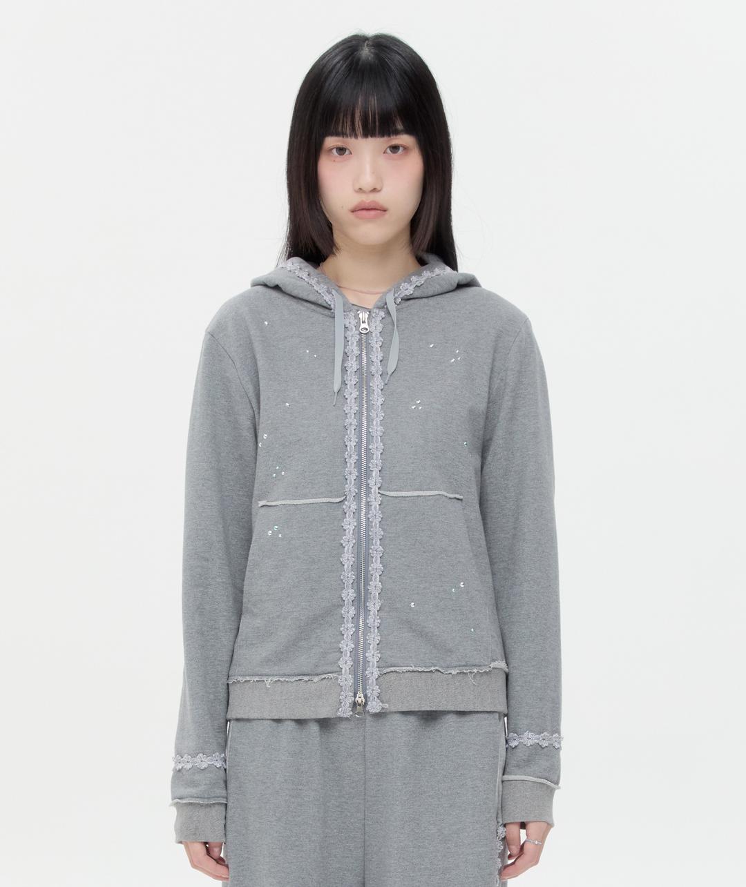 Lace Trim Hotfix Zip Hoodie [Gray]
