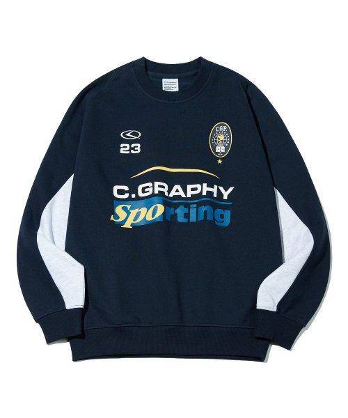 스포티 배색 맨투맨_네이비