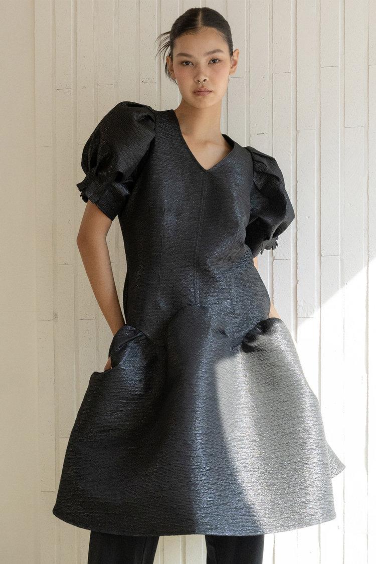 Black jacquard V-neck long dress