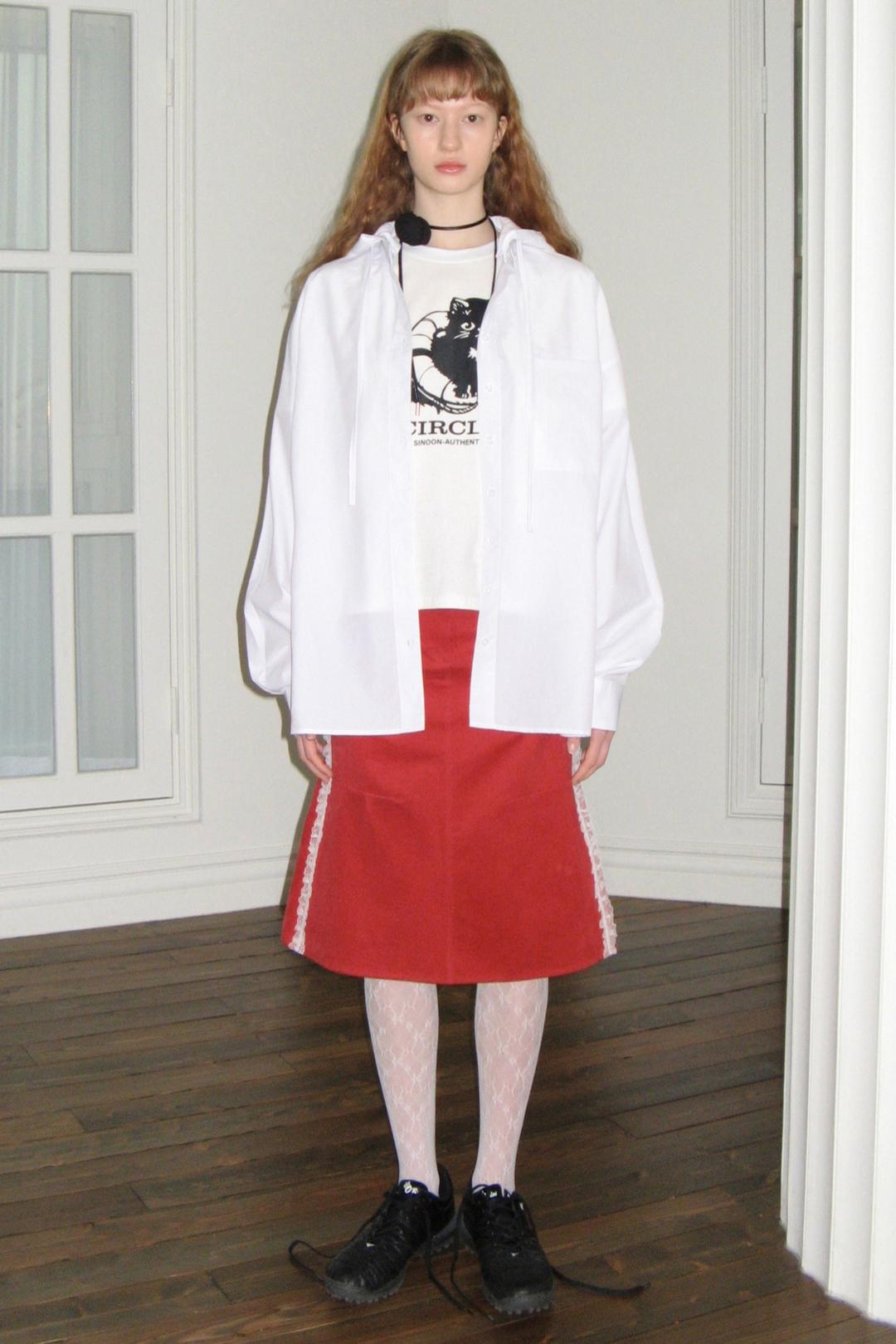 SIDE FRILL MIDI SKIRT (RED)