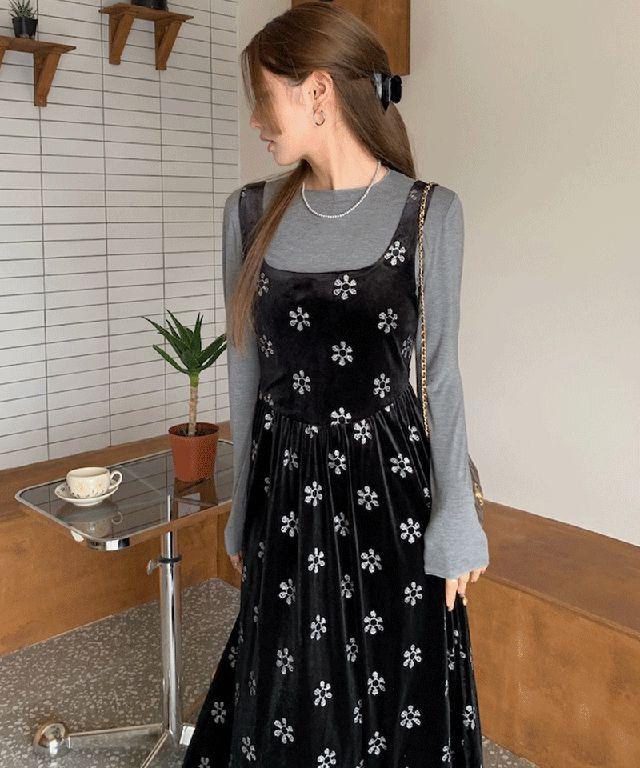 [연말룩/크리스마스] 미도 플라워 벨벳 롱 원피스