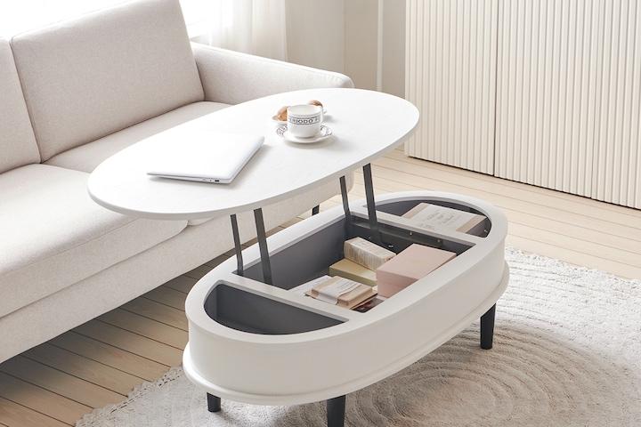 조이 타원형 템바보드 리프트업 거실 소파 테이블 뿔다리 4color