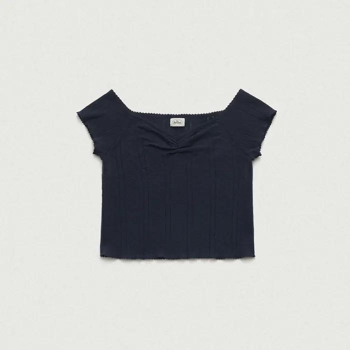 Cotton Eyelet Pintuck Knit Top_Navy