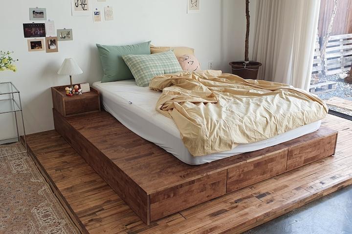 아렌델 무헤드 고무나무 원목 스퀘어 침대 4sizes