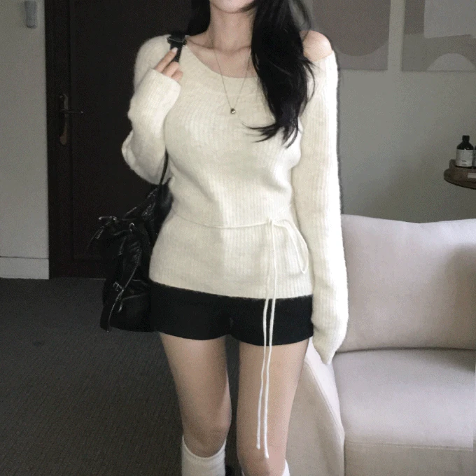 [자체제작] 센트럴 울8% 오프숄더 끈 세트 골지 니트 -5 color