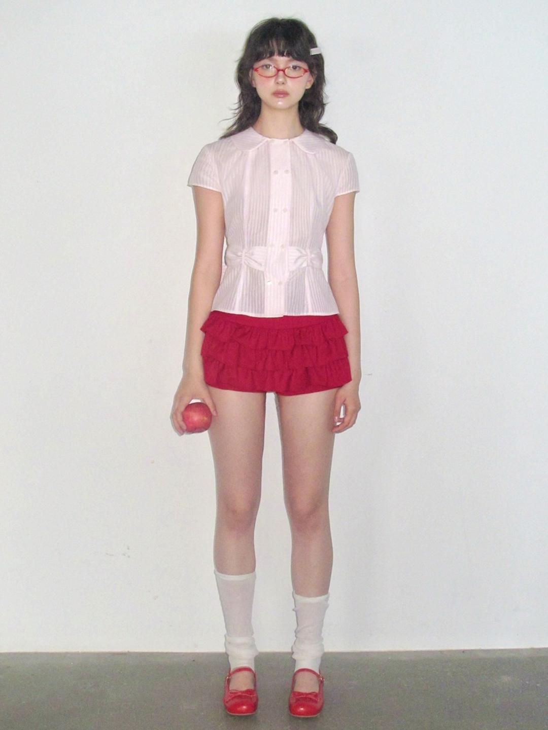 Romance Nanci Strawberry Milk Ribbon Shirt & Red Culottes Set