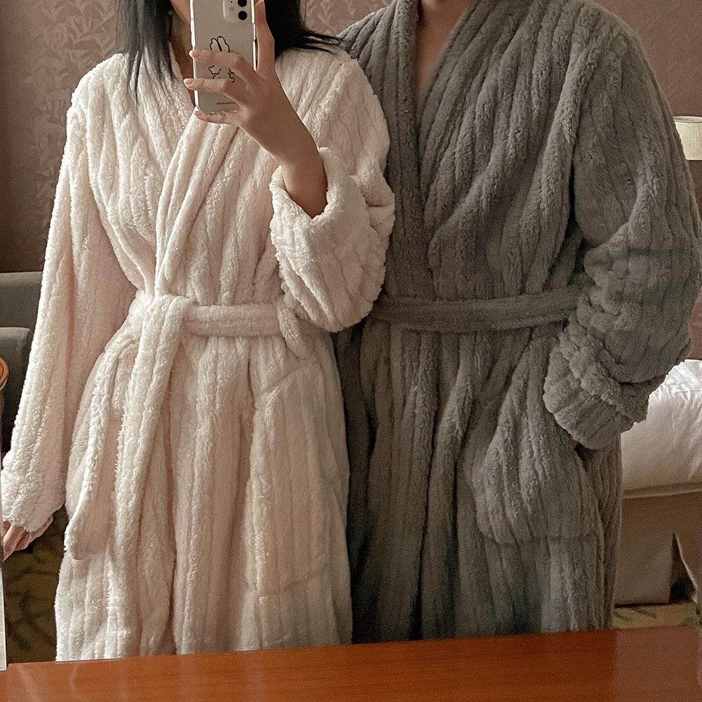 무지 스트라이프 커플 수면 극세사 로브 잠옷 샤워 가운 빅사이즈 파자마 수유 임부