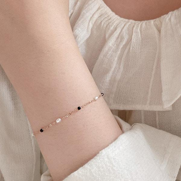 14k 담수진주 오닉스 레이어드 체인 팔찌