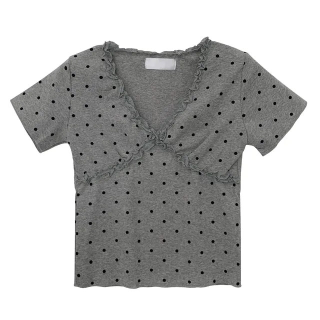 도트 레이스 브이넥 반팔 티셔츠