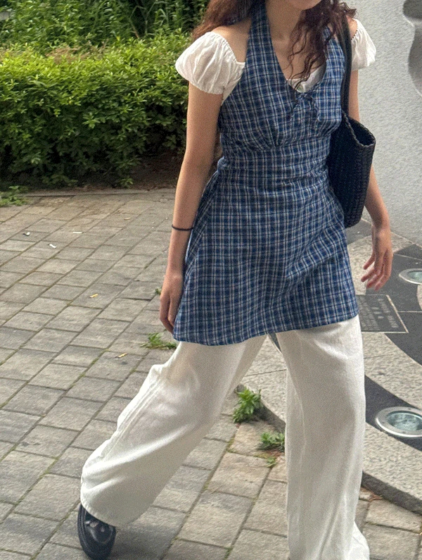 헤스너 홀터넥체크미니원피스 (블라우스) (단독주문만 당일 출고 가능!)