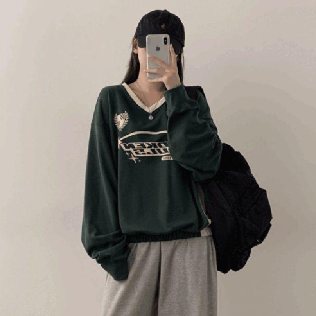 [블록코어룩/오버핏맨투맨] 내가 찾던 오버핏, 소울 프린팅 브이넥 밴딩 박시 맨투맨 (3color)