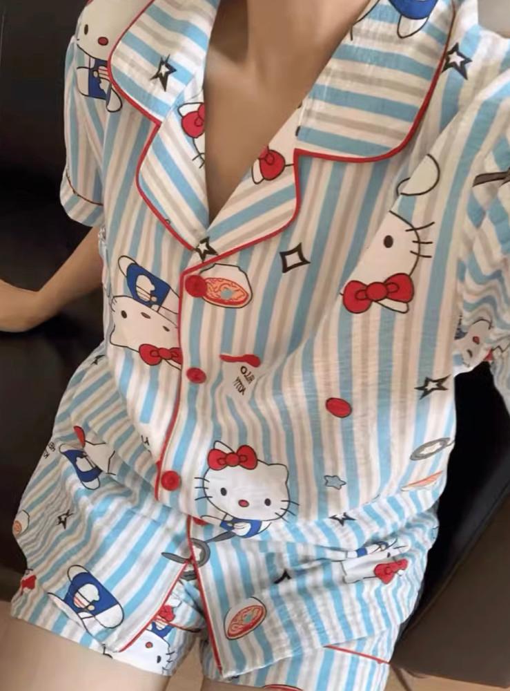 지미하우스 블루 카라 키티 파자마 홈웨어 시어서커 지지미 사계절 여름 반팔 긴바지