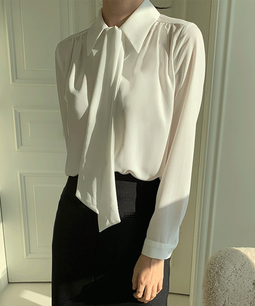 [끈 탈부착✌3색] 셔링 드레시 타이 블라우스 , 쉬폰 카라넥 카라 결혼식 하객룩 면접 리본 오피스룩 실키 봄 가을 브이넥 끈 넥타이 셔츠 남방 스카프 화이트 하늘색 네이비