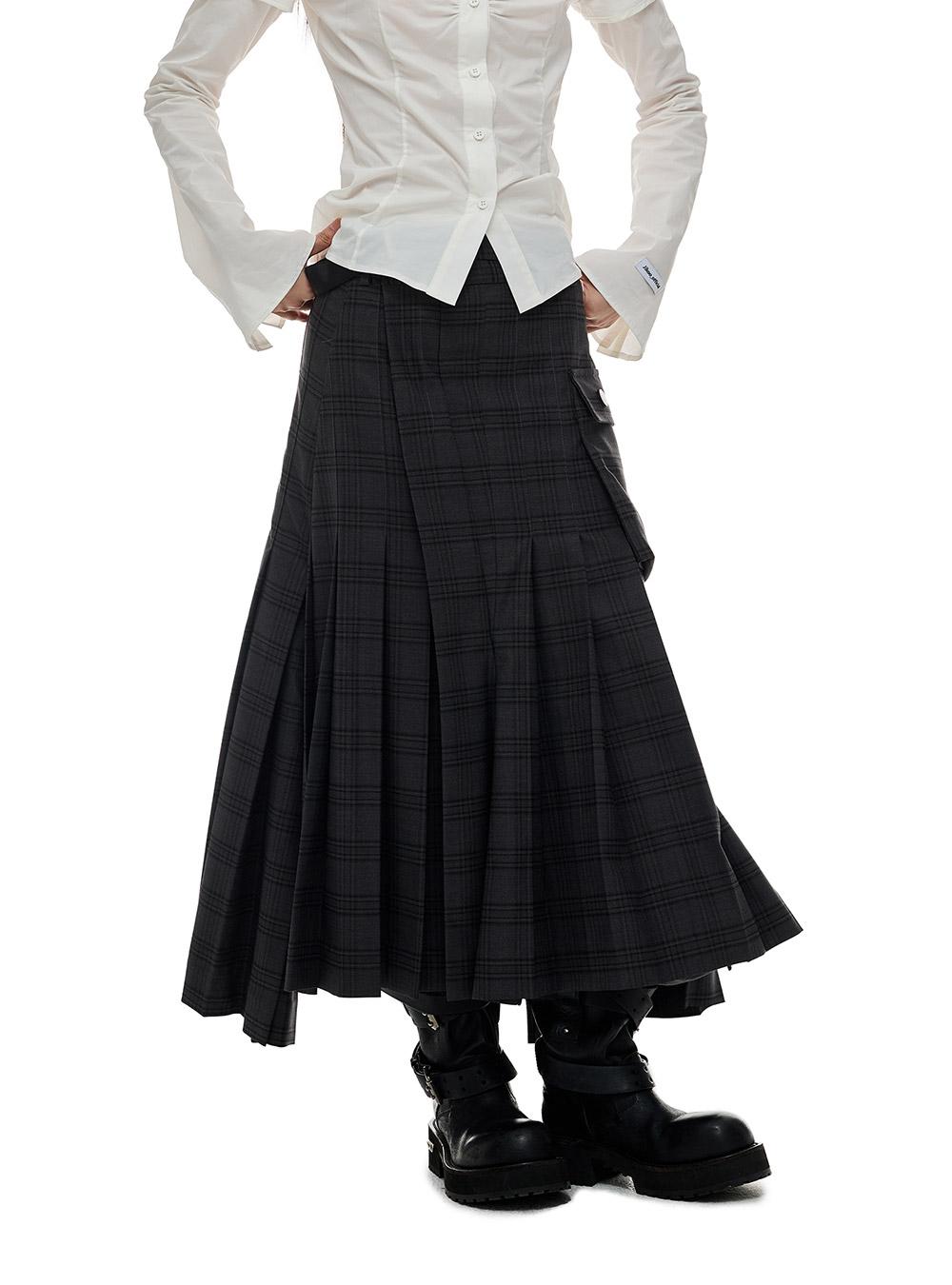 Unbalanced Check Layered Long Skirt