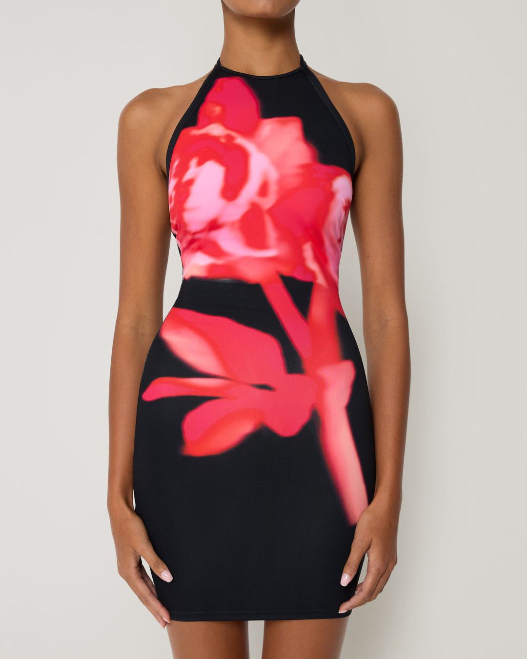 Smooth Stretch Halter Mini Dress | Black Peony - XXS