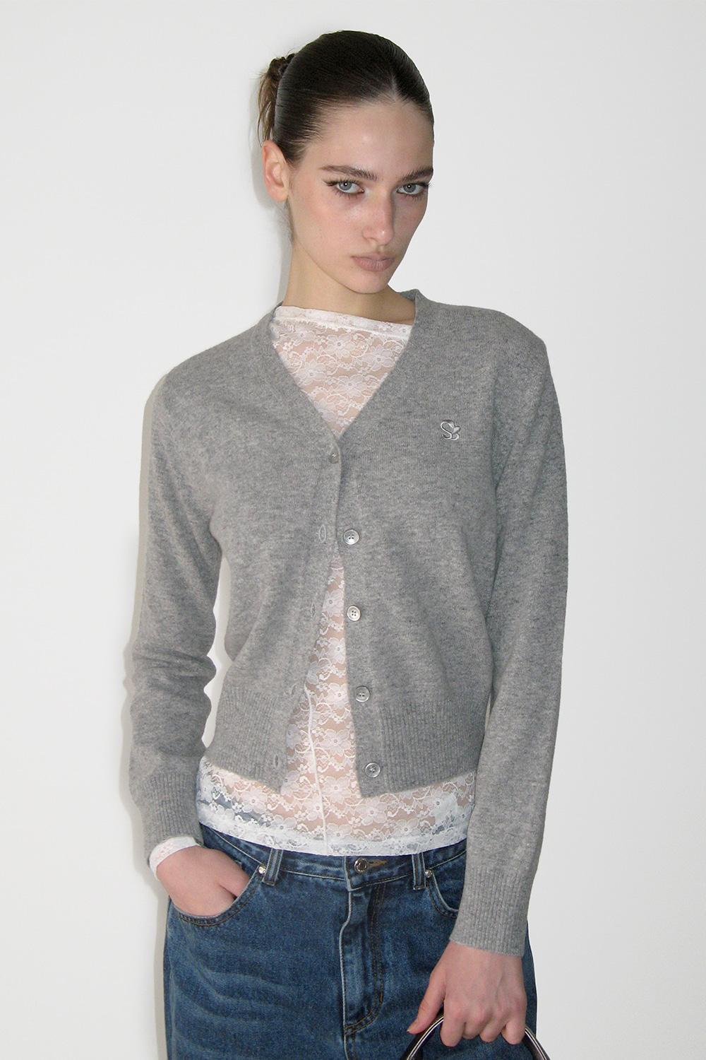 CASHMERE BASIC V-NECK CARDIGAN, MELANGE GRAY