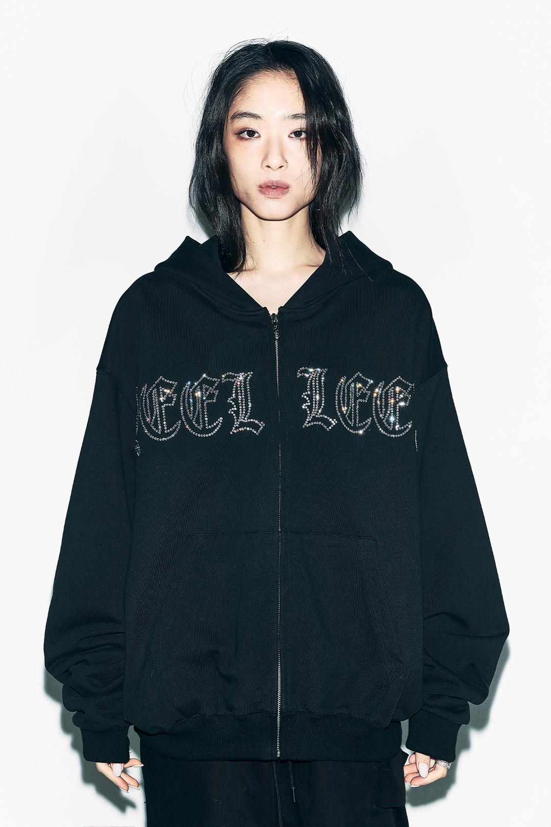 STUDDED ZIP-UP HOODIE OVERSIZED BLACK