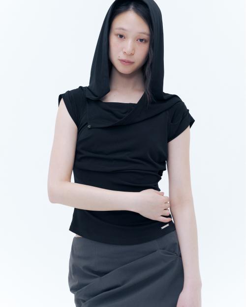 Draped mod hoodie top BLACK