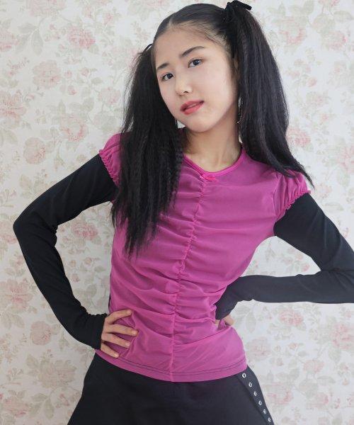 리본 포인트 레이어드 메시 티셔츠 핑크