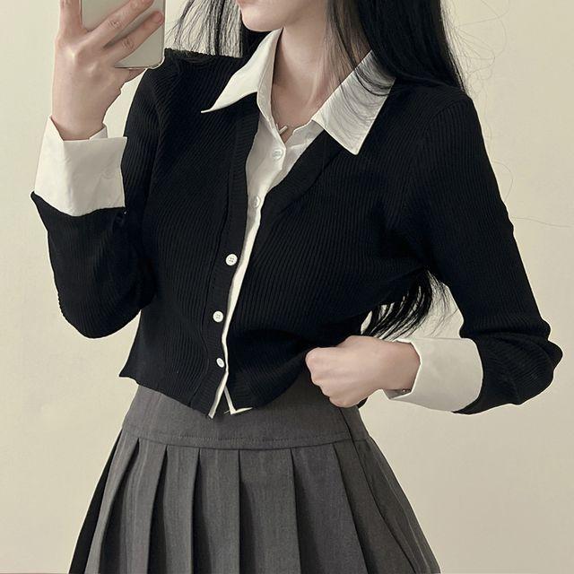 [셔츠일체형] 세미크롭, 레이어드 골지 니트 가디건_피치모어