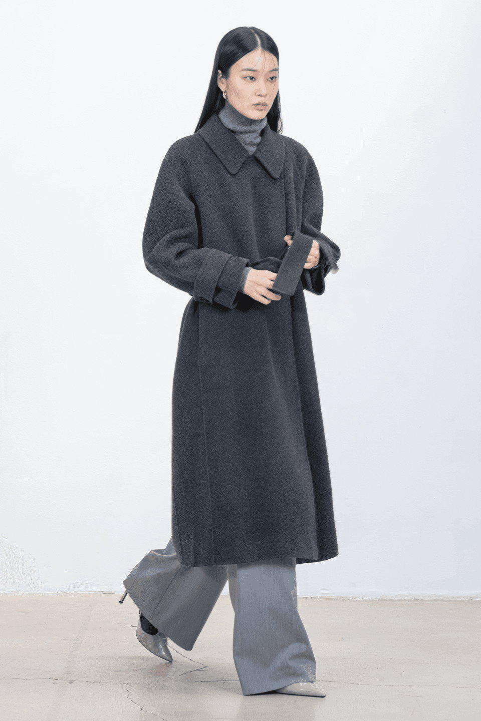 Cashmere Lagrange sleeves belted coat - charcoal