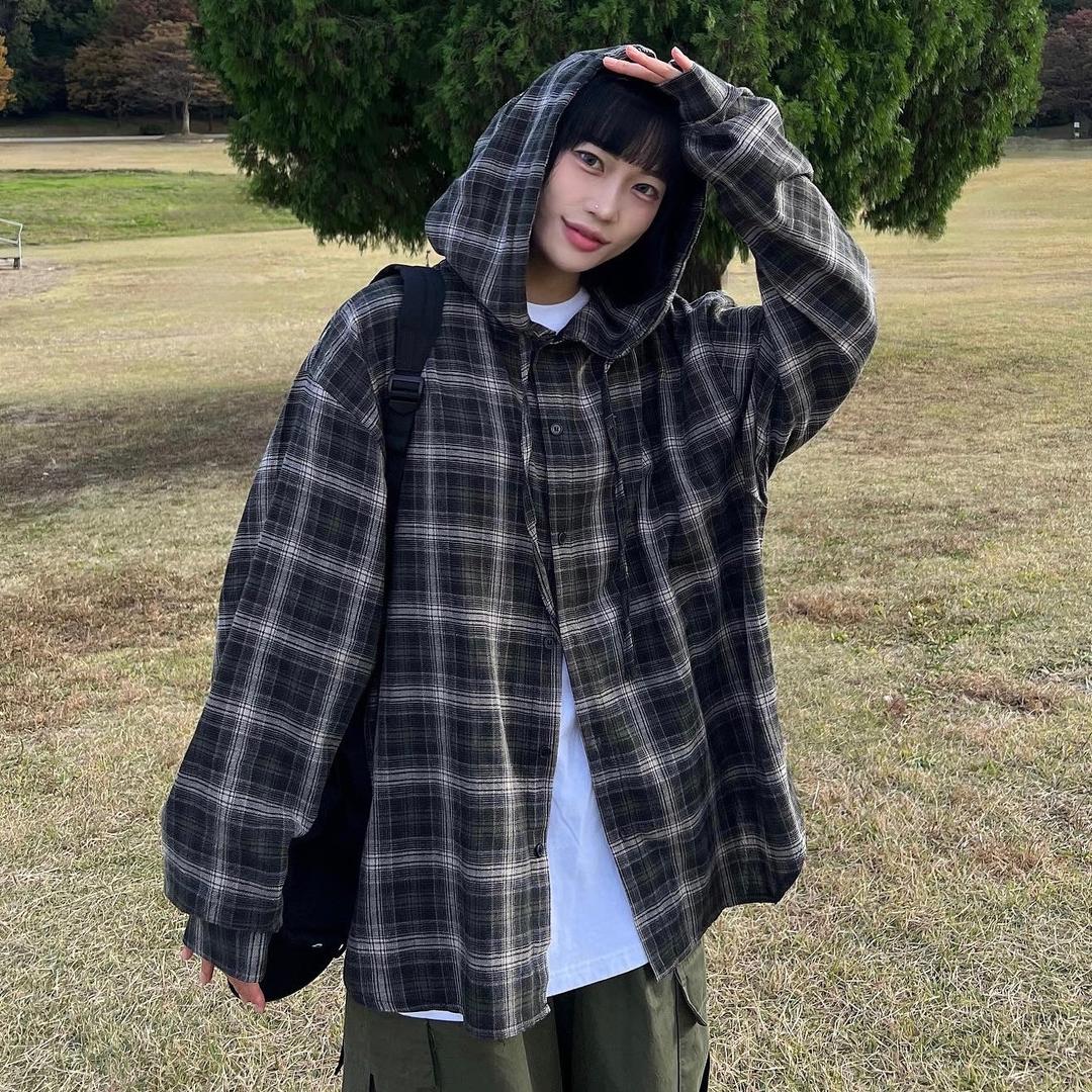 빈티지 후드 오버 체크 셔츠 (2C)