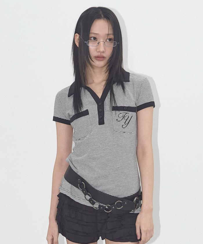 STRIPE BUTTON COLLAR TEE (BLACK) F25QB109