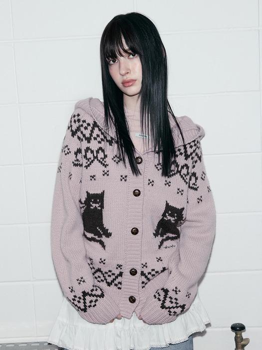 CAT JACQUARD HOODIE CARDIGAN PINK