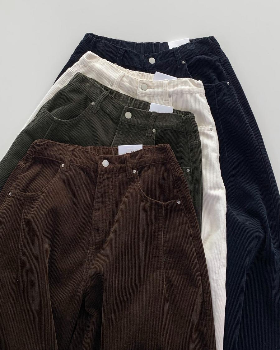 코듀로이 커브드 뒷밴딩 와이드 팬츠