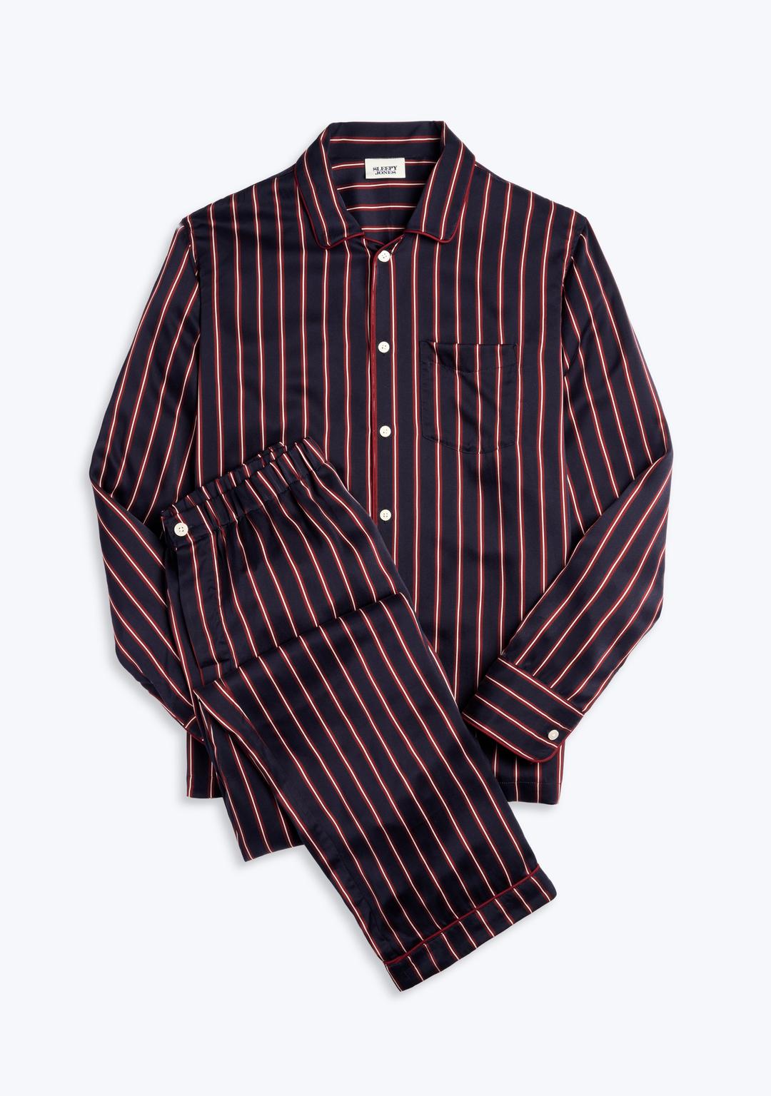 Washable Silk Henry Pajama Set in Midnight Stripe - Midnight Stripe / XL