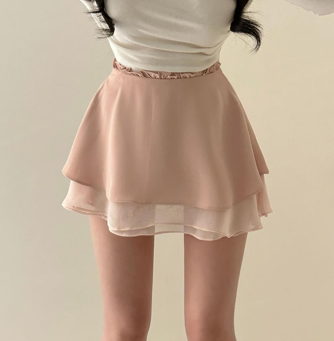 헤안느 [러블리 실루엣🩰]제인 이중 시스루 쉬폰 레이어드 리본 스트랩 프릴 미니 스커트