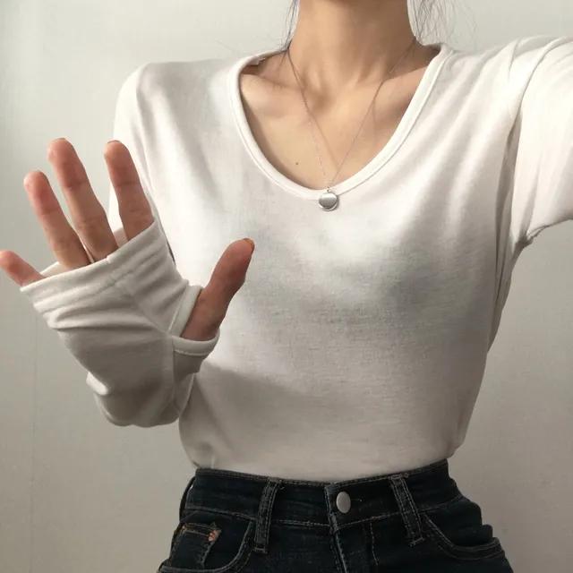 (이너로짱!) 브이넥 속기모 핸드워머티 / 기본 손고리 무지 긴팔티셔츠 / 부드러운 스판 롱슬리브T