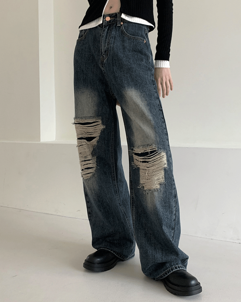 로직 빈티지 구제 워싱 데미지 찢청 데님 팬츠
