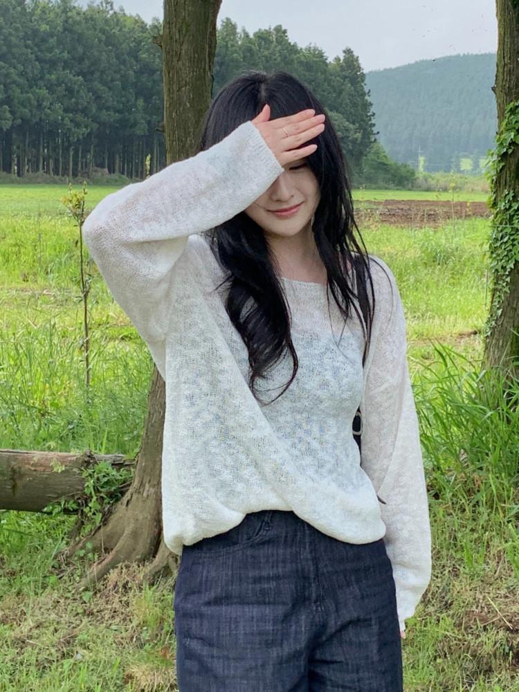 로시 보트넥 부클 여름 긴팔니트(아이보리)