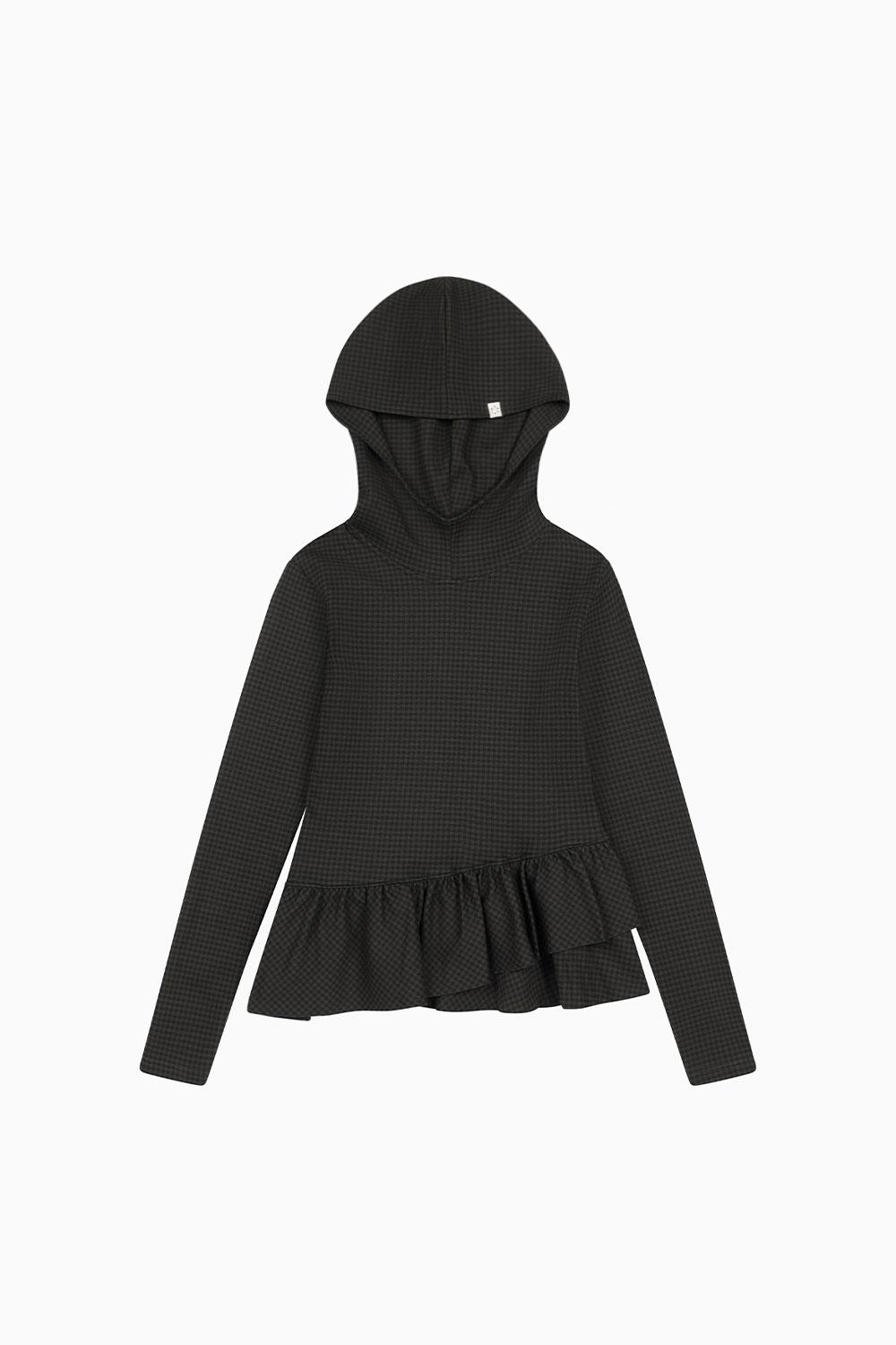 FRILL HOODED T-SHIRT, KHAKI CHECK