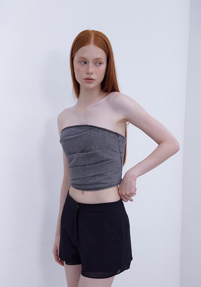 DRAPE DENIM BUSTIER TOP-BLACK