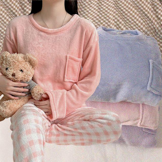 [당일출고] 오버핏 파스텔 체크 극세사 수면 잠옷세트