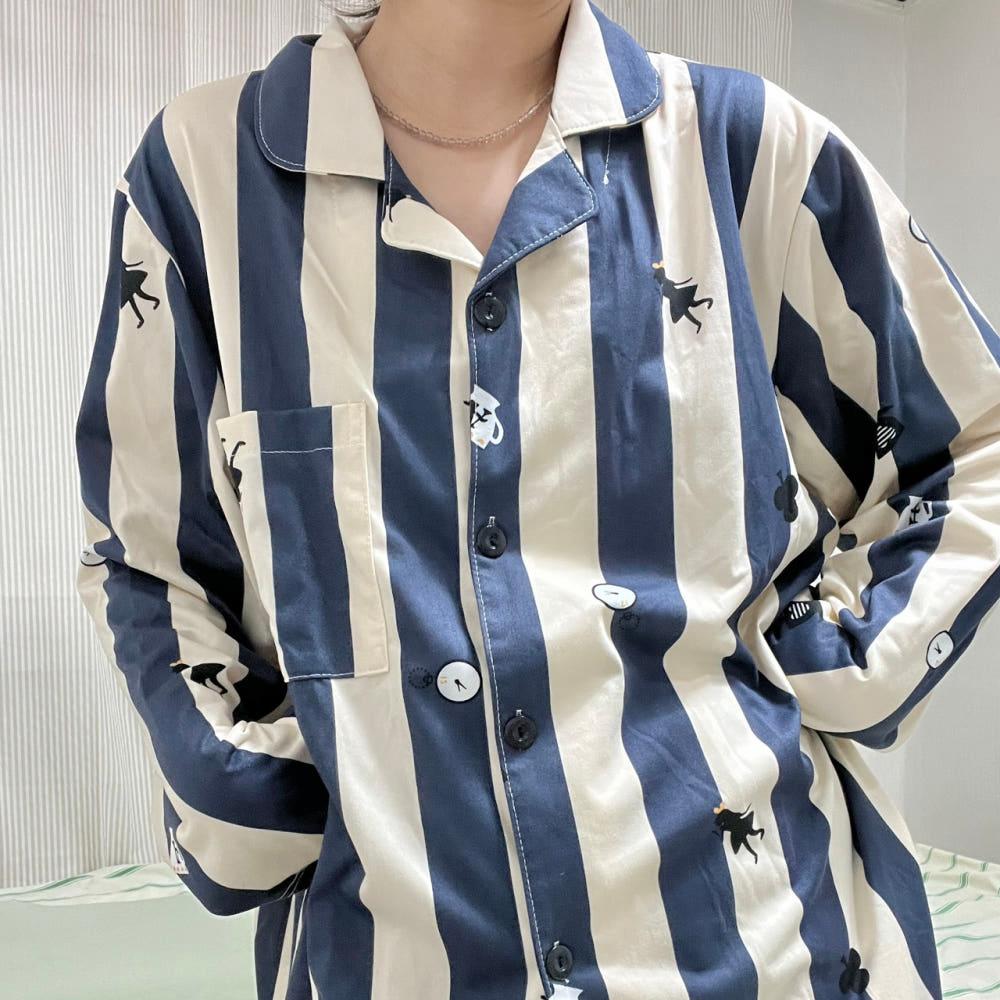 [면스판] 빅사이즈 커플 잠옷 세트 스트라이프 파자마 홈웨어 (2color, 2size)